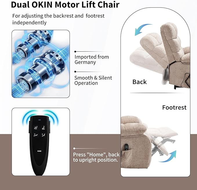 Lay Flat Recliner with Vibration Massage and Lumbar Heating, 26'' Wide Recliner Chair with Infinite Position and 2 Remote Controls, Soft Chenille Lift Recliner for Living Room, Khaki