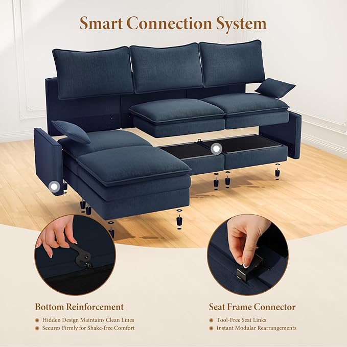 Vesgantti 108" Modular Sectional Sofa, Comfy Cloud Couch with Movable Ottoman Deep Seat Chenille L Shaped Modular Sofa, Sectional Couches for Living Room, Bedroom and Apartment, Blue