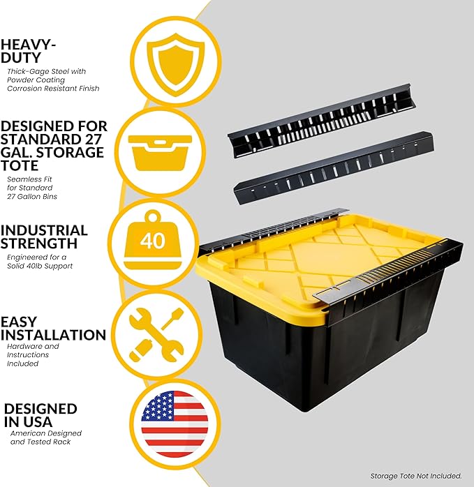 Overhead Bin Rack - Ceiling Mount Overhead Garage Storage Rack | Adjustable Width and Orientation | Heavy Duty Ceiling Bin Storage Rails | Fits Black & Yellow Storage Bins | USA Designed (4 Bins)