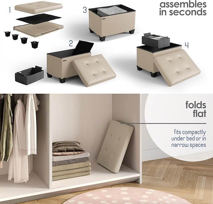 STORAGEBUD Storage Ottoman Cube with Small Bin, 16-in Square Ottoman with Storage for Living Room and Bedroom, Small Ottomans Foot Rest, Faux Leather Foot Stools Ottomans Max 330lbs, Beige