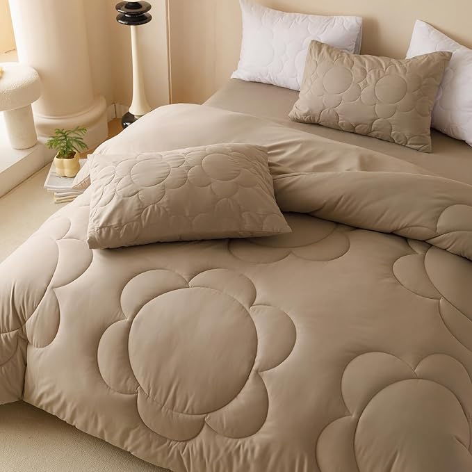 Luxlovery Khaki Comforter Set King Cream Coffee Sunflower Bedding Comforter Dark Champagne Bedding Comforter Set Boho Farmhouse Mocha Quilted Soft Breathable Bedding Set King Size