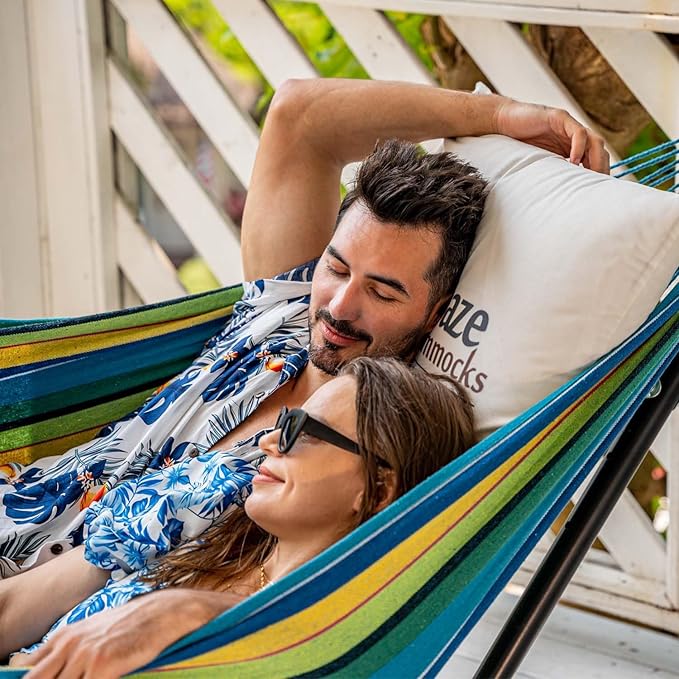 Lazy Daze Hammocks Double Hammock with 9FT Space Saving Steel Stand Includes Portable Carrying Case, 450 Pounds Capacity (Blue&Yellow)