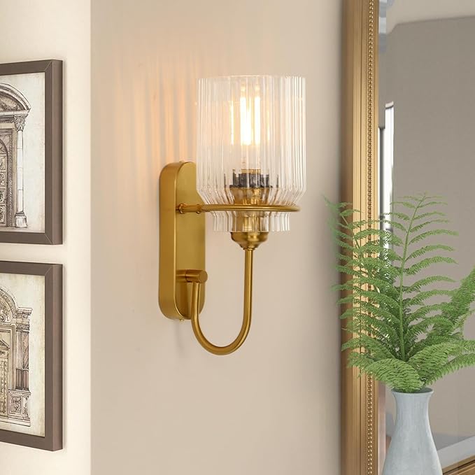 Gold Bathroom Sconces Set of 2, Modern Wall Sconce with Clear Glass Shade, Indoor Farmhouse Wall Sconce for Living Room, Bedroom, Hallway, Stairwell and Kitchen