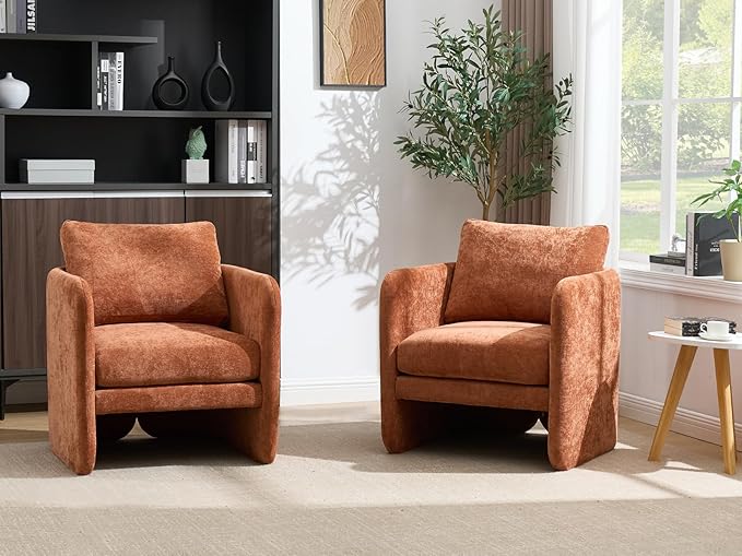 Modern Barrel Accent Chair, Mid-Century Beige Chenille Fabric Armchair for Living Room, Comfy Upholstered Reading Accent Chairs Single Sofa Chair for Bedroom Waiting Room Office,1 PCS, Orange