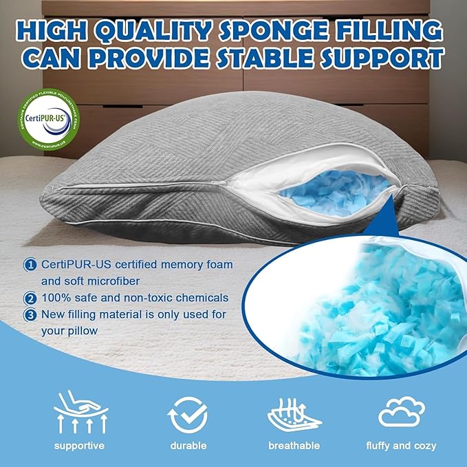 Shredded Foam Pillow King Size - Cooling Memory Foam Pillows That Stay Cold Adjustable Pillows for Sleeping Double-Sided Pillowcase