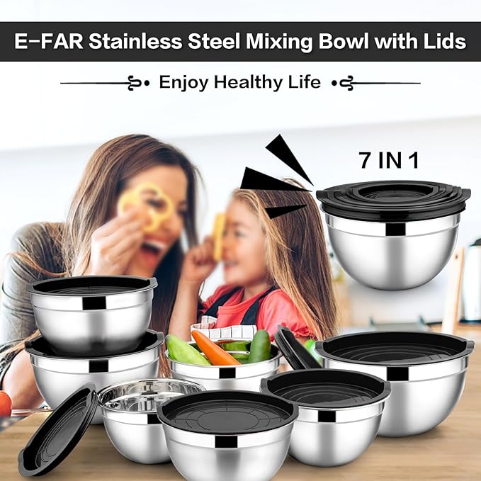 E-far Stainless Steel Mixing Bowls with Airtight Lids, 7-Piece Metal Nesting Bowls with Black Lids for Saving Storage Space, Size 7, 4.6, 3, 2, 1.5, 1, 0.7QT, Great for Baking/Cooking/Prepping