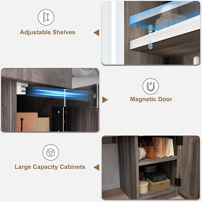 Farmhouse Makeup Vanity Desk with Sliding Mirror and Lights, Glass Desktop Makeup Vanity Desk with Charging Station, 3-Tier Hidden Slide-Out Vanity Shelves, Jewelry Storage Cabinet, 2 Drawers-Grey