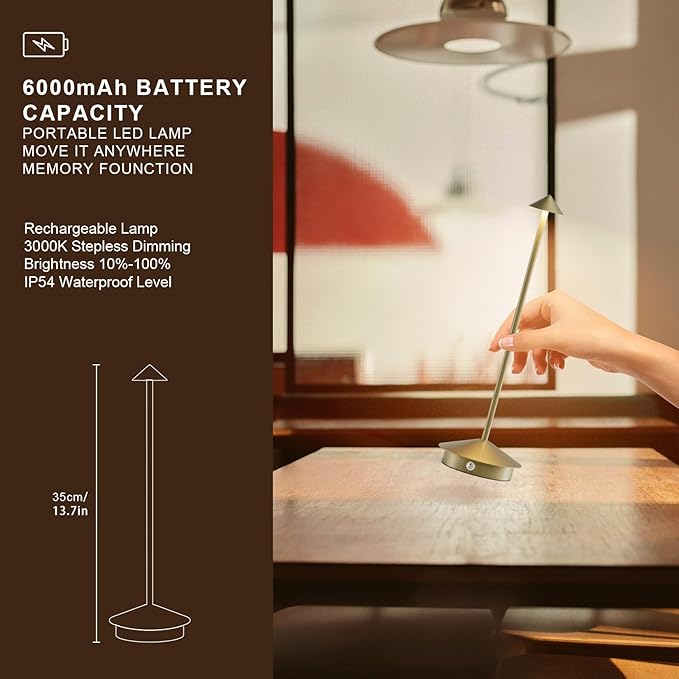 2-Pack 6000mAh Rechargeable Led Table Lamp Cordless,3000K-6000K Stepless Dimming Touch Lamps with Memory Function,IP54 Waterproof Aluminum Table Light for Outdoor/Bars/Restaurant/Patio(Gold)