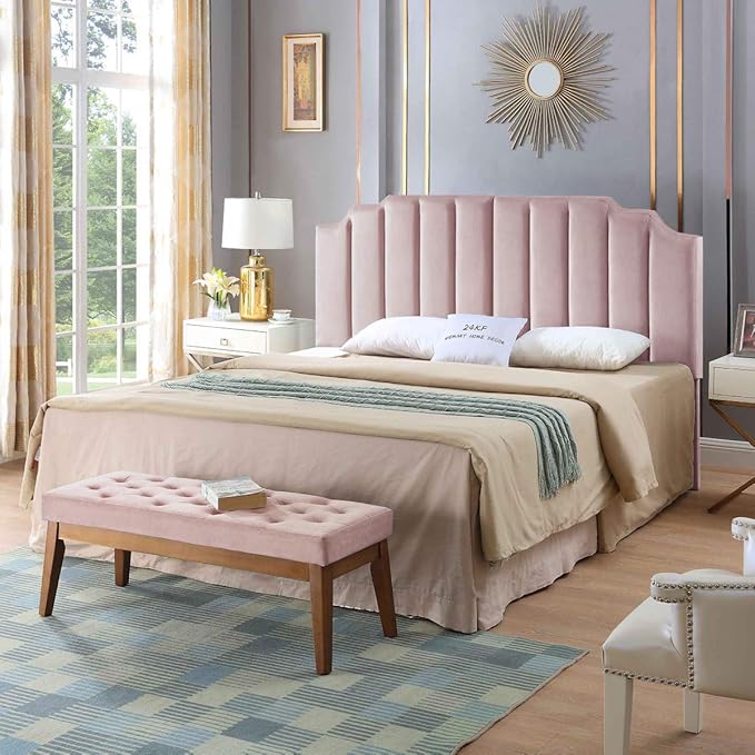 24KF Pink Velvet Tufted King Upholstered Headboard, Modern Vertical Channel Design California King Headboard with Stepped Silhouette Top Edge, Pink