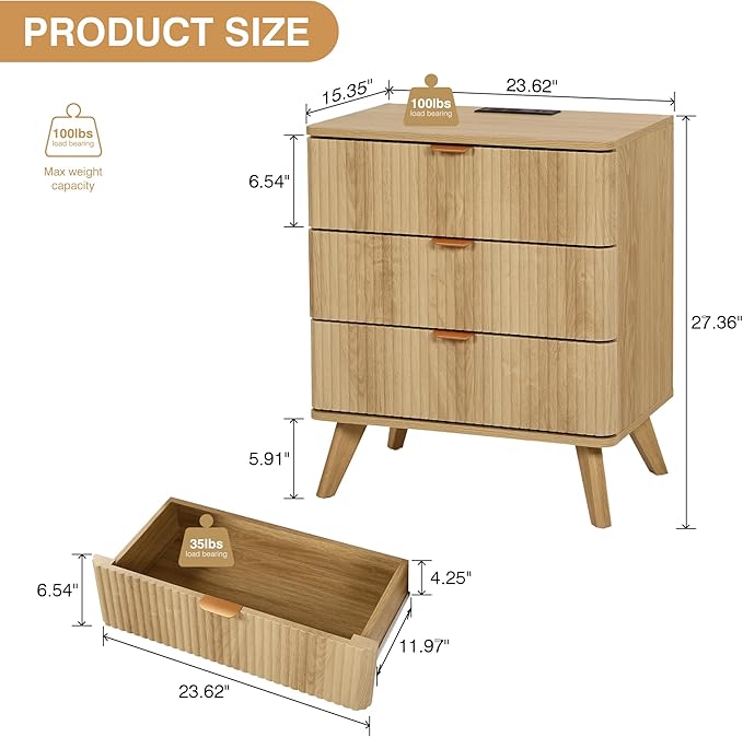Fluted 3 Drawer Small Dresser for Bedroom, Mid Century Modern Nightstand with Charging Table Top, Low Bedside Table for Closet Cloth, End Table Short Storage, Living Room, Dorm - Natural