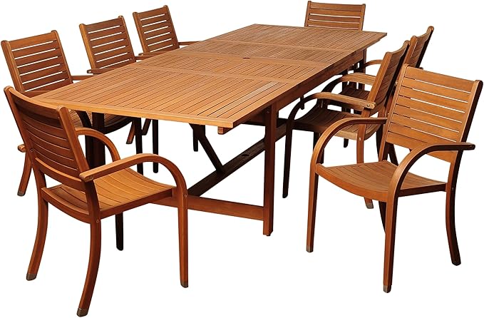 Amazonia Arizona 9-Piece Patio Rectangular Extendable Dining Table Set | Eucalyptus Wood | Ideal for Outdoors and Indoors
