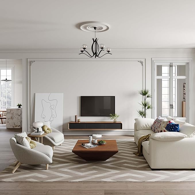 POVISON Fully Assembled Floating TV Stand, 63 inch Modern TV Stand with 3 Flip-Down Cabinet Doors, Solid Wood Floating Entertainment Center, Wall Mounted Media Console for Living Room