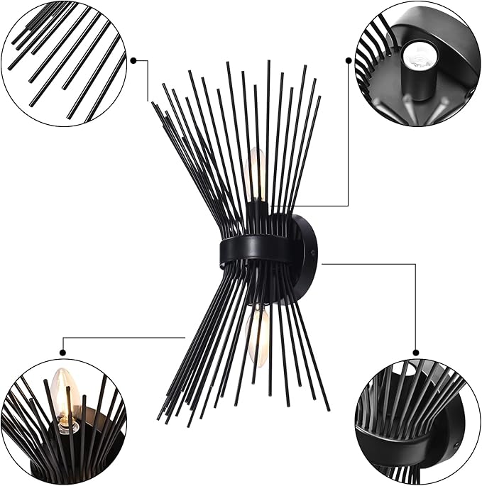 EDISLIVE 2-Bulb Vanity Light Mid-Century Modern Starburst Wall Sconce Lamp Sunburst Sconce- 11 x 4.7 x 15.8 Inches Wall Light for Powder Room Bedroom Bathroom (Black)