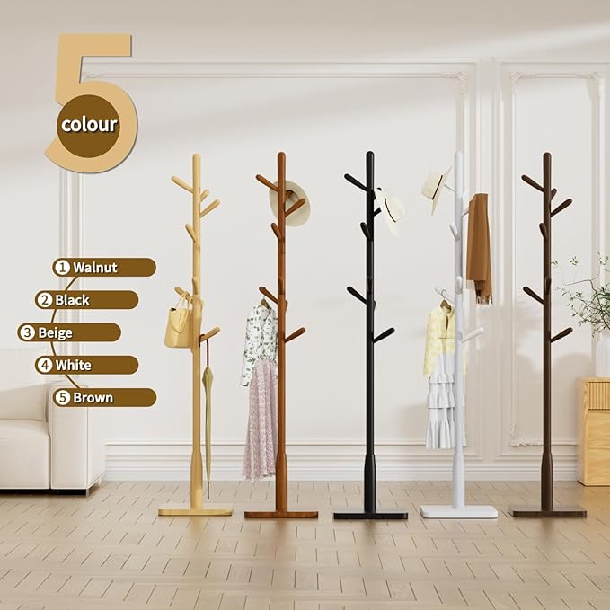 Solid Wood Square Base Coat Rack, Free Standing Hall Coat Tree with 8 Hooks（+2 spare) for Coats, Hats, Bags, Purses, for Entryway, Hallway, Rubberwood Hooks,Base and Pole,(Square Base, Natural Beige)