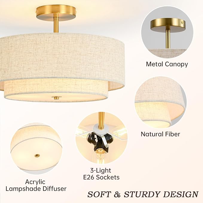 16" Semi Flush Mount Ceiling Light, 3-Light Gold Drum Ceiling Light Fixture with 2-Tier Fabric Linen Shade, Farmhouse Chandelier for Dining Room, Living Room, Bedroom, Kitchen, Hallway, Entryway