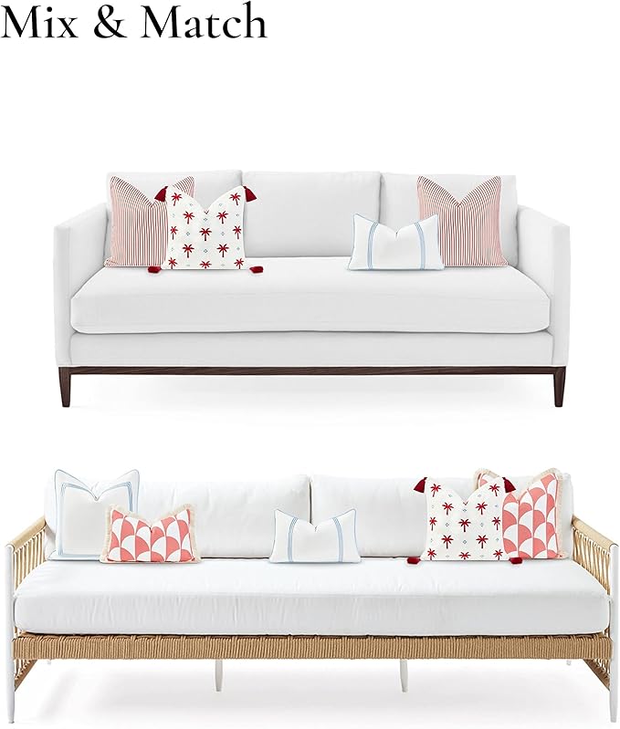 Hofdeco Premium Coastal Hampton Style Patio Indoor Outdoor Lumbar Pillow Cover Only, 12"x20" Water Resistant for Backyard, Couch, Baby Blue Embroidered Vertical Line