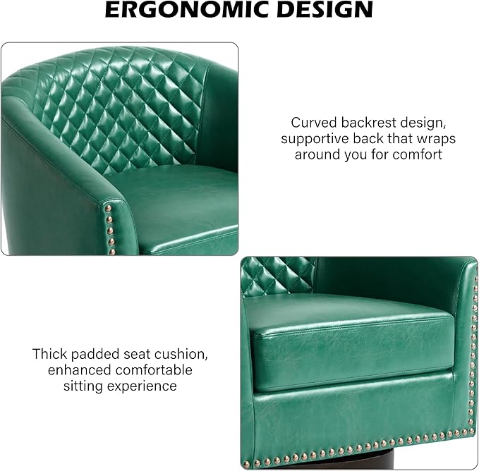 Swivel Barrel Accent Chair, Comfy Modern Upholstered Round Faux Leather Arm Chair for Living Room, Bedroom（Green, Set of 2