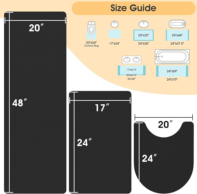 ACCUMTEK Ultra Thin Non-Slip Bath Mat Fit Under Door 3 Piece, Upgrade Backing Non Slip Bath Mat, Quick Dry Ultra Absorbent Bathroom Rugs, Machine Washable Bath Mats for Bathroom, Bathtub & Kitchen