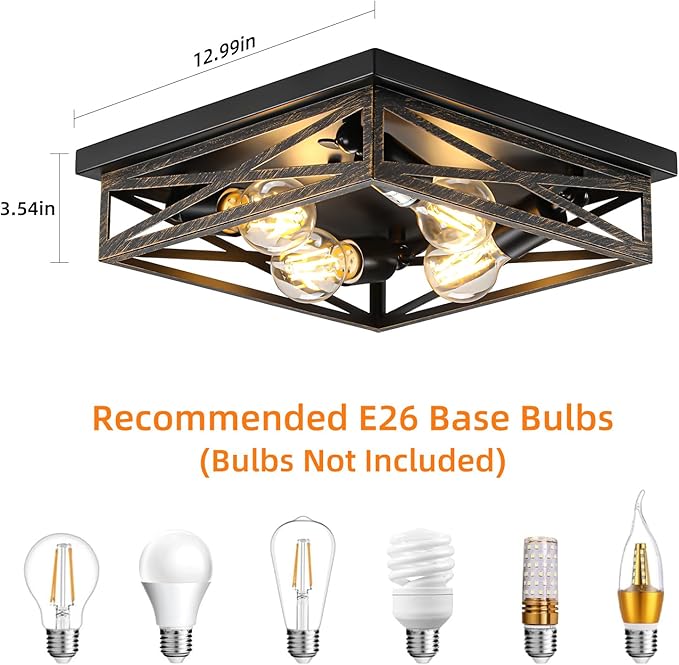 Farmhouse Rustic Ceiling Light for Kitchen, 4-Light Hallway Flush Mount Light Fixtures Ceiling Mount, Industrial Metal Cage Ceiling Light for Farmhouse,Kitchen,Hallway E26 Base (1 Pack 13in)