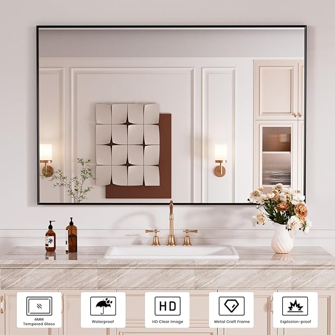 48x32 Inch Black Bthroom Mirror,Black Metal Frame Vanity Mirror for Wall,Square Corner, Rectangle,Tempered Glass,Anti-Rust (Horizontal/Vertical), Bedroom, Living Room, Entryway