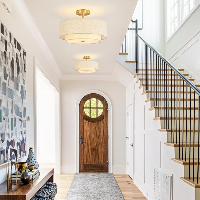 16" Semi Flush Mount Ceiling Light, 3-Light Gold Drum Ceiling Light Fixture with 2-Tier Fabric Linen Shade, Farmhouse Chandelier for Dining Room, Living Room, Bedroom, Kitchen, Hallway, Entryway