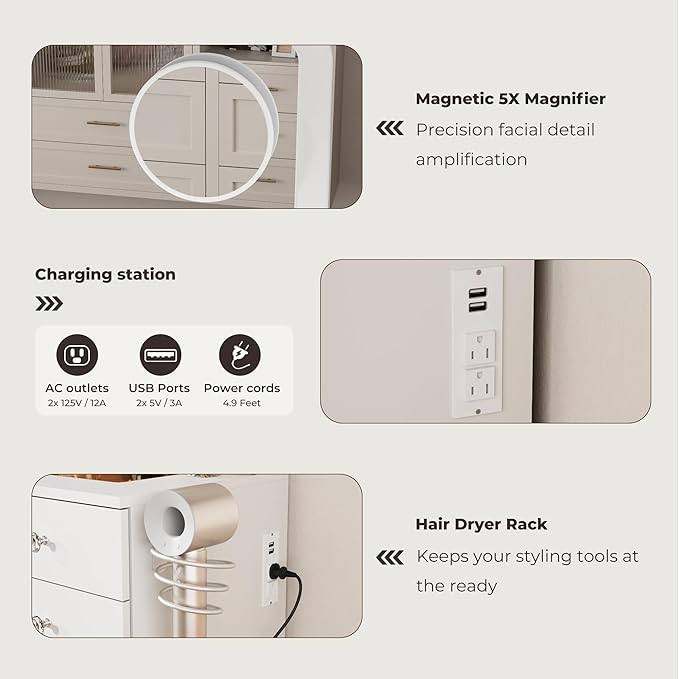 White Makeup Vanity, 11 Drawers Vanity Mirror with Lights, Makeup Vanity Desk with 3 Lighting Modes Adjustable Brightness, Vanity with Glass Top for Bedroom