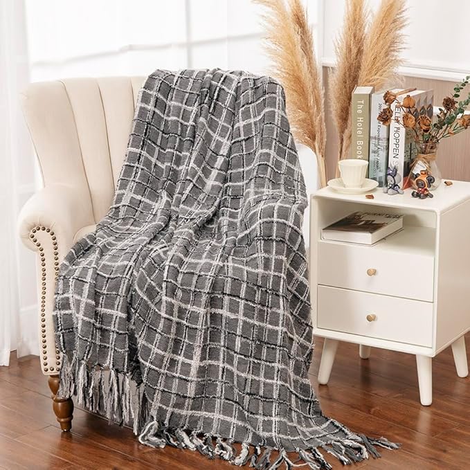 Gealaek Boho Throw Blanket Dark Grey Lightweight Fuzzy Soft Cozy Decorative Blankets for Sofa Bed Farmhouse Throw Blanket Mexcican Blanket with Tassel Black White Charcoal Textured 50" x 60"