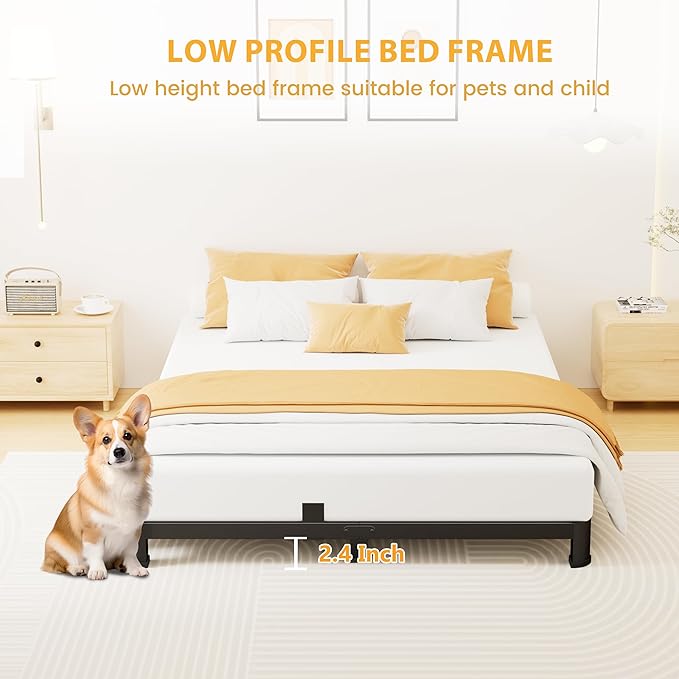 4 Inch Queen Bed Frame Low Profile, Heavy Duty Metal Platform Bed Frame with Round Corner Legs, Sturdy Mattress Foundation, No Box Spring Needed, Easy Assembly, Noise Free, Black