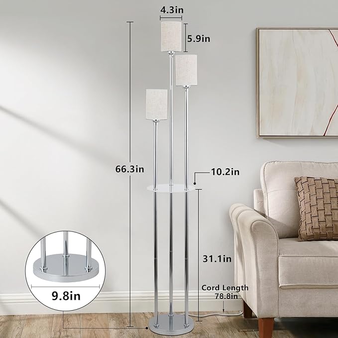 Floor Lamps for Living Room, 3-Lights Modern Floor Lamp with Shelves, Chrome Standing Lamp with Fabric Shade and Foot Switch, Shelf Standing Lamps with Table, Tall Lamps for Bedroom Office