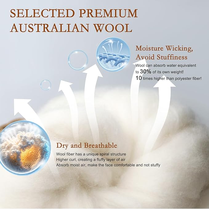 YOUR MOON Standard Size Set of 2 Organic Wool Pillow, Soft Support Bed Pillows for Sleeping, Natural Wool Filling, Luxury Down Alternative Pillow for Side & Back Sleepers, 100% Cotton Cover (Beige)