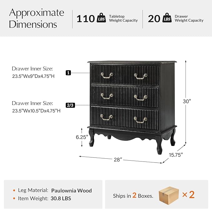 HULALA HOME Transitional Side Table Set of 2 with 3 Drawers and Charging Station, 28" Solid Paulownia Wood Sidetable with Vertical Stripe, Charcoal