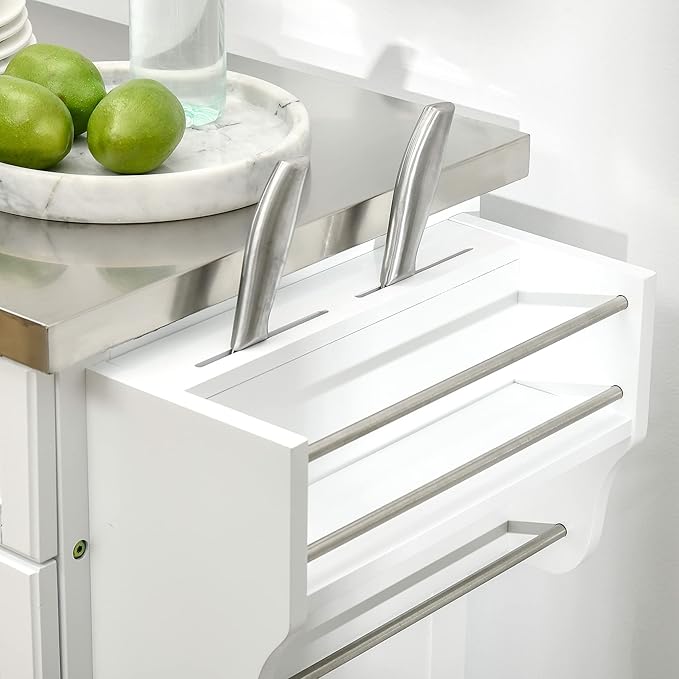 HOMCOM Kitchen Island on Wheels, Rolling Kitchen Cart with Stainless Steel Countertop, Drawer, Towel Rack and Spice Rack, Utility Storage Trolley, White