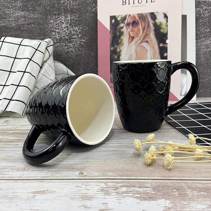 Schliersee 12 OZ Black Ceramic Coffee Mugs Set 6, Stylish Embossed 6 Patterns Coffee Cups Set for Coffee, Tea, Milk, Cocoa, Cereal, Water, Microwave Safe