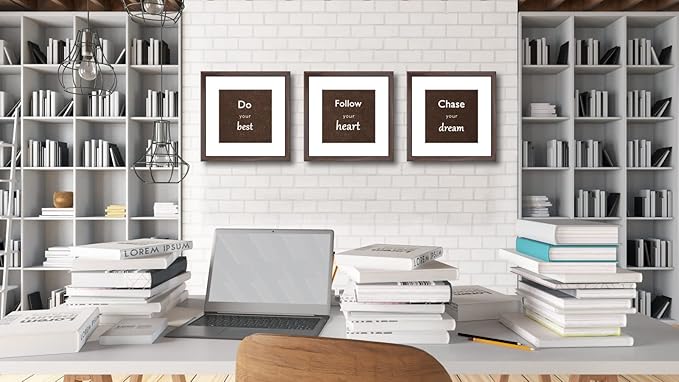 12x12 Walnut Picture Frame Set of 3 for Pictures 8x8 with Mat or 12x12 Without Mat,Wall or Tabletop Gallery Photo Frames with Real Glass