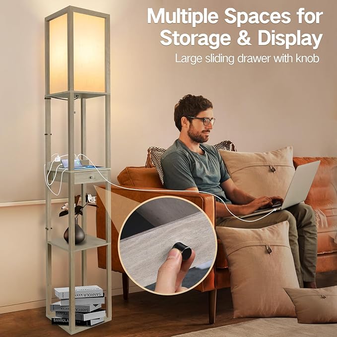 OUTON Deluxe Shelf Floor Lamp with 1 Drawer, 2 USB-C Ports, 2 AC Outlets, LED Modern Floor Lamp with 3 Color Temperature, Storage Display Wood Standing Lamp for Living Room, Bedroom, Office (Grey)