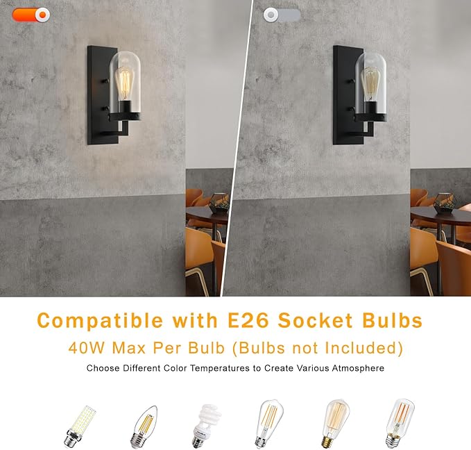 Black Wall Sconces Set of 2, Modern Farmhouse Bathroom Sconces with Clear Glass Shade, Vanity Lights for Bedroom Living Room Bathroom Hallway Stairwell