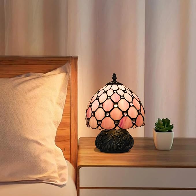 Small Tiffany Stained Glass Lamp, 3 Color Temperatures Bedside Lamp, 8 Inch Pink Pearl Beads Style Mushroom Desk Light for Bedroom Living Room Office Home Decor (Pink)