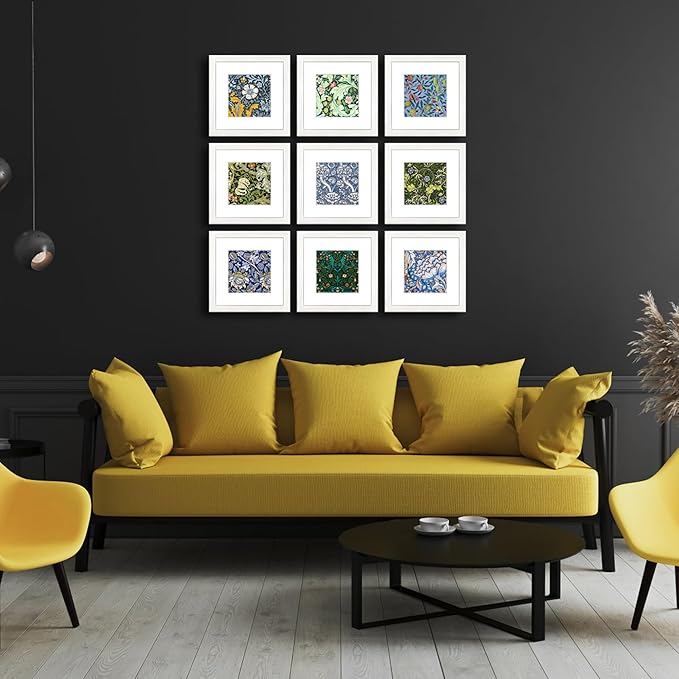 8x8 Picture Frame Set of 9 for Pictures 5x5 with Mat or 8x8 Without Mat, Wall Gallery or Tabletop display Photo Frames in White