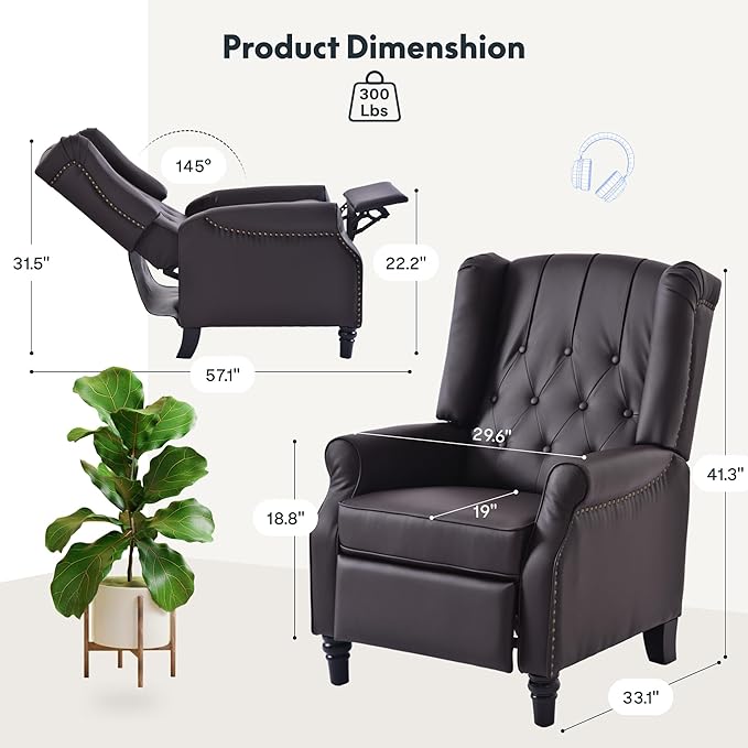 Softa Recliner Chair for Adults, Mid Century Wingback Pushback Accent Chair with Rivet Decoration, Tufted Upholstered Single Sofa Armchair for Living Room, Bedroom, Study (PU, Brown)