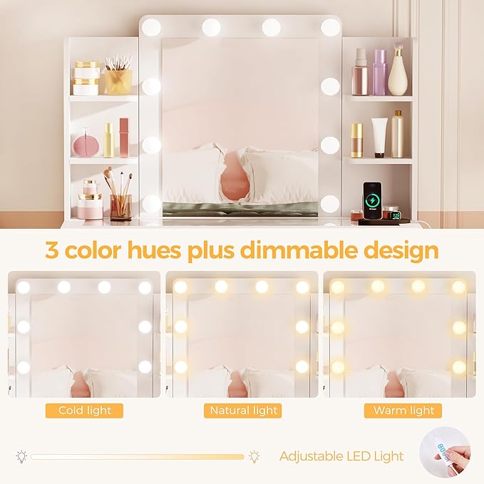 BEWISHOME Makeup Vanity Desk with Mirror and Lights White Vanity Table with Glass Top Power Outlet Stool,Makeup Desk with 9 Drawers and 4 Storage Shelves,Dressing Table for Bedroom Women FST39W