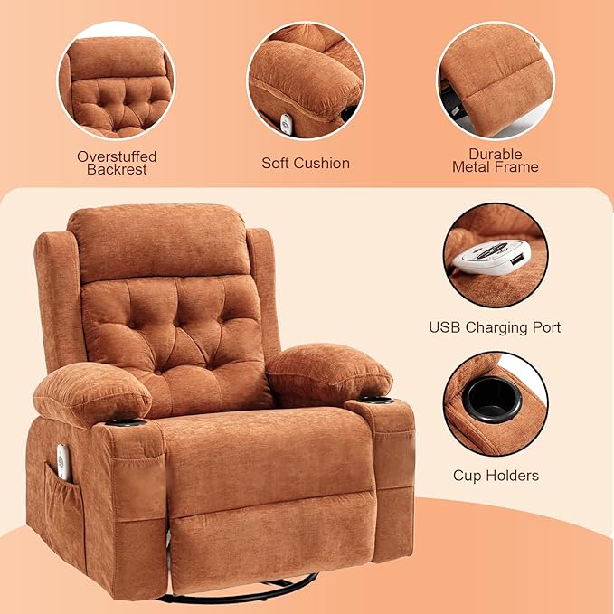 Overstuffed Rocker Recliner Chair with Massage and Heat, Mid Century Ergonomic Rocking Swivel Recliners Lounge Chair for Living Room, Manual Recliner Sofa Chairs with 2 Cup Holders, USB