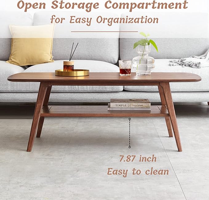 Wood Coffee Table - 100% Solid Oak Wood - Double Storage Coffee Table, Eco-Friendly Finish Center Table - Easy Assembly (Walnut, 47.24" D x 22.04" W x 17.32" H)