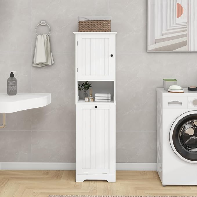 Tilt Out Laundry Hamper Cabinet, 55" Tall Bathroom Storage Cabinet Laundry Cabinet with Shelves and Clothes Basket, Hamper Cabinet Shelf for Laundry Room Bathroom Organizer, White