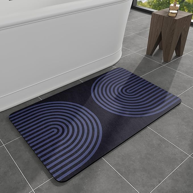 MontVoo -Bath Mat-Non Slip Thin Bathroom Rugs Fit Under Door- Quick Dry Absorbent Faux Suede Surface Grey Bathroom Floor Mats-Shower Rug for in Front of Bathtub Shower Blue Arched 16x24