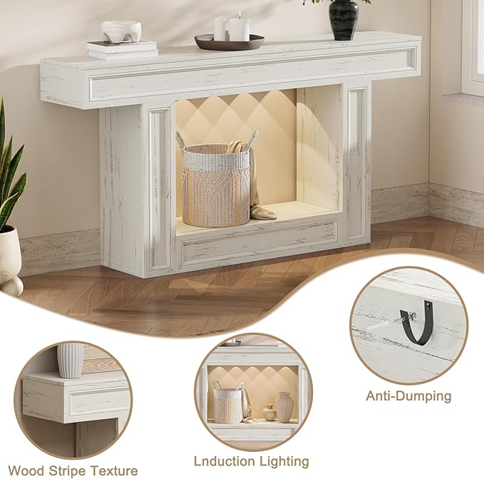 Rresyet 63" Console Table, 2-Tier Entryway Table with Sensor Lights, Coffee Table Behind The Sofa, with U-Shaped Base Suitable for Entryways, Living Rooms, Corridors, and Foyers(White)