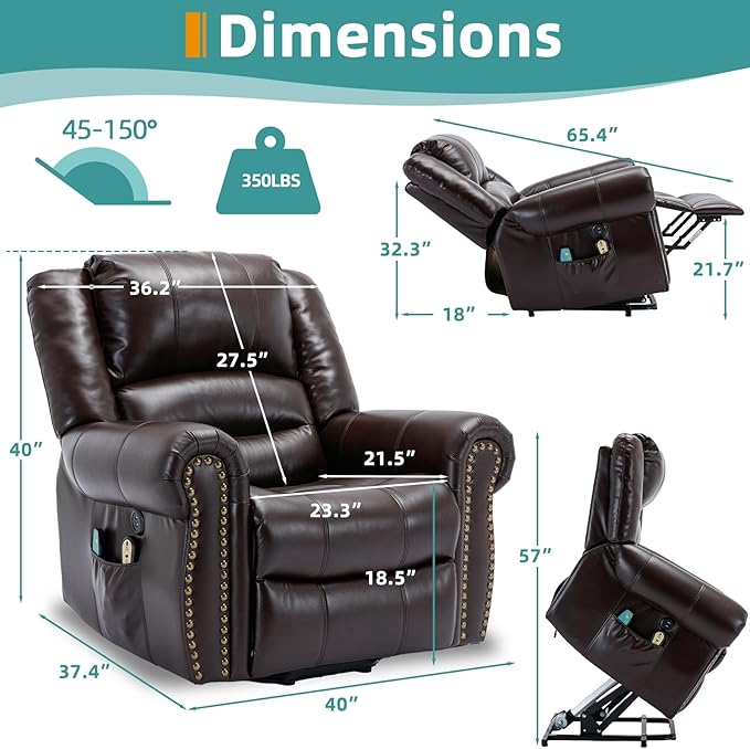 MEETWARM Large Power Lift Electric Recliner Chair with Massage and Heat, Overstuffed Wide Recliner for Elderly, Heavy Duty sofa for Living Room with 2 Remote Control/USB Ports/Side Pockets(Dark Brown)