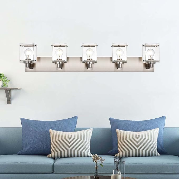 5-Lights Brushed Nickel Bathroom Wall Light with Clear Glass Shade, E26 Bulb Base Vanity Lighting Fixtures Over Mirror for Kitchen Cabinet Bedroom