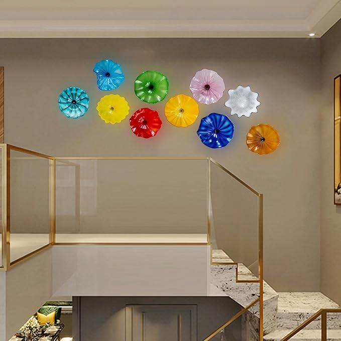 Hand Blown Glass Wall Plates Decor, Modern Unique Glass Wall Art, Murano Blown Glass Wall Art with Transparent and Easy to Clean for Staircase, Living Room, Kitchen, Hallway