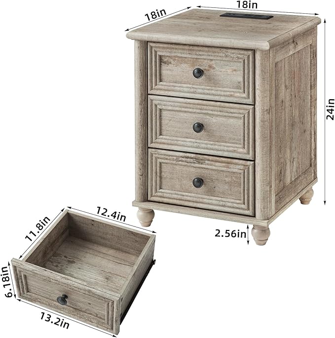 18" Farmhouse Night Stand Set 2 with Charger Station, Grey 2 & 3 Drawers Wood Nightstand, Bedside End Table with Storage and Roman Column, Bed Side Tables Cabinet for Bedroom, Living Room, and Closet