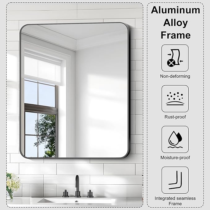 KOCUUY 30x36 Inch Rectangle Bathroom Mirror with Black Metal Frame,Modern Design of Wall Mounted Upgraded Shatterproof Glass, Rounded Corners for Bedroom, Living Room, Entryway